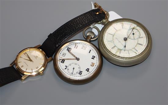 A gentlemans 1960s 9ct gold Omega Seamaster manual wind wrist watch and two pocket watches including military.